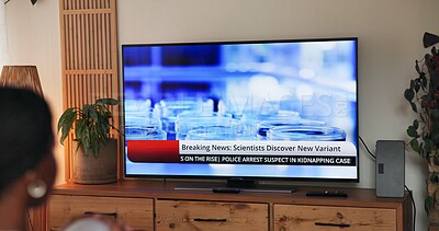 Buy stock photo Watching, screen and person in home with headline, breaking news and healthcare alert in pandemic update. Broadcast, medical and woman in living room with tv, report or info on current events