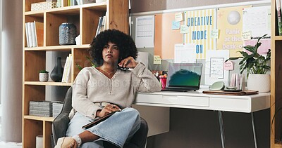 Buy stock photo Notebook, thinking and freelancer with woman in home office for research, newsletter innovation and reflection. Blog writer, remote worker and copywriting idea with person and laptop for publishing