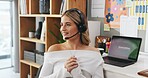 Happy woman, consultant or laptop with headset in home for online customer service or communication. Female person, agent or freelancer with smile for virtual assistance, advice or help in house