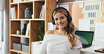 Telemarketing, portrait or woman in home with headset, customer service or communication for remote work. Contact us, consulting or happy agent with headphone, advice or tech support for call center