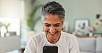 Home, smartphone and woman with smile, internet and app for social media, chatting and network. Apartment, cellphone and mature person in lounge, connection and online reading with message to contact