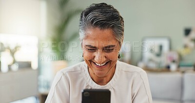 Buy stock photo Home, smartphone and woman with smile, internet and app for social media, chatting and network. Apartment, cellphone and mature person in lounge, connection and online reading with message to contact