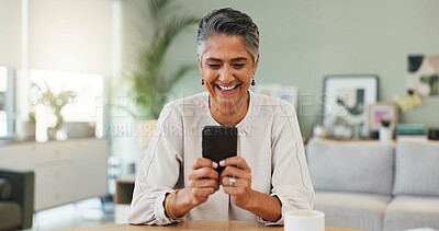 Buy stock photo Home, cellphone and woman with smile, laughing and digital app with message to contact. Happy, smartphone and mature person in lounge, social media and connection with funny meme, joke and chatting
