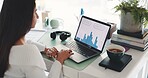 Business woman, laptop and statistics with chart for performance review or analytics in office. Female person, analyst or accountant with computer, graph or data for revenue, growth or development