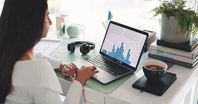 Buy stock photo Business woman, laptop and statistics with chart for performance review or analytics in office. Female person, analyst or accountant with computer, graph or data for revenue, growth or development