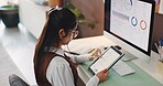 Woman, remote work and tablet with graphs at house for accounting, analytics and finance balance. Above, female person and tech screen with stats analysis, financial market trends and risk management