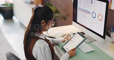 Buy stock photo Woman, remote work and tablet with graphs at house for accounting, analytics and finance balance. Above, female person and tech screen with stats analysis, financial market trends and risk management