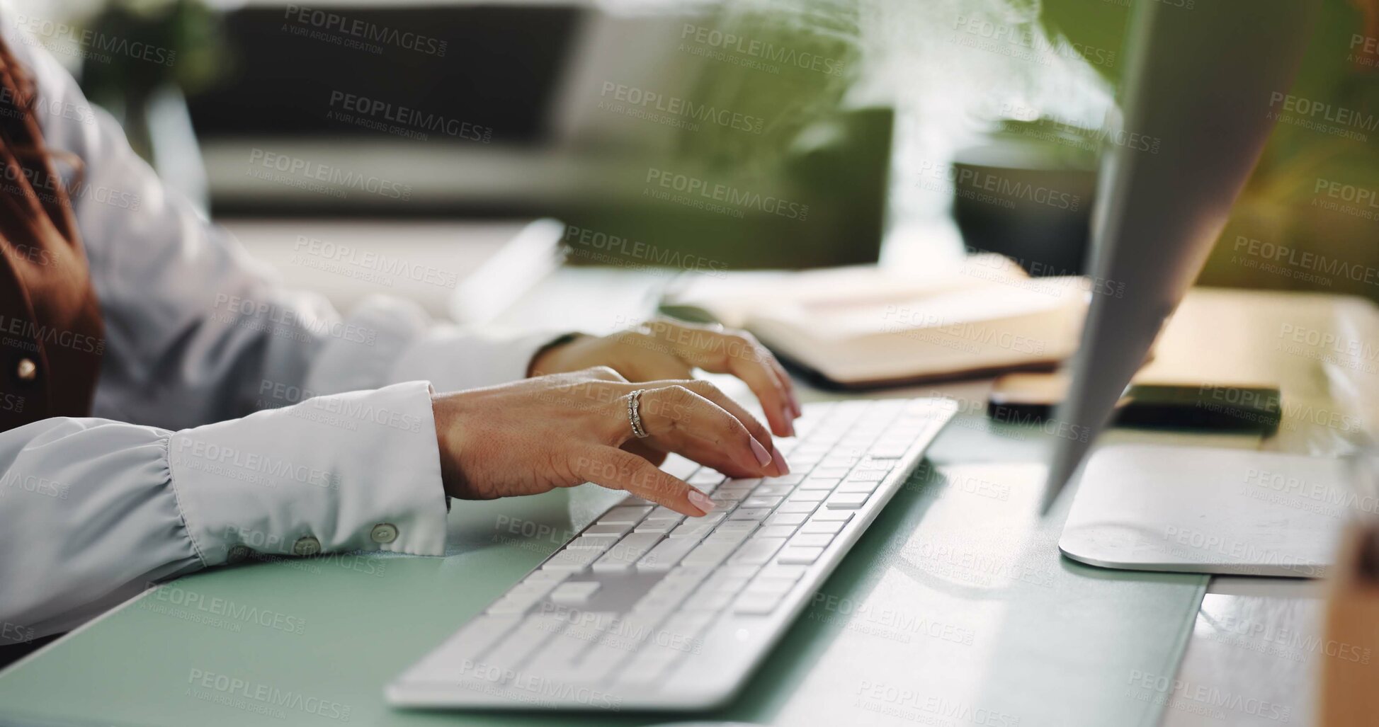 Buy stock photo Typing, business and woman in office with computer, online communication or schedule for department meeting. Productivity, corporate and consultant in workplace with tech, review or response in email