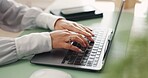 Hands, typing and woman in office with laptop, administration and note taking for pr agency. Research, planning and person in business with tech, knowledge and brainstorming for project deadline