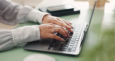 Buy stock photo Hands, typing and woman in office with laptop, administration and note taking for pr agency. Research, planning and person in business with tech, knowledge and brainstorming for project deadline