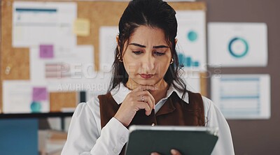 Buy stock photo Thinking, tablet and business woman in office for seo specialist, kpi tracking or research vision. Growth chart, performance reflection or online campaign with person in agency for data analysis