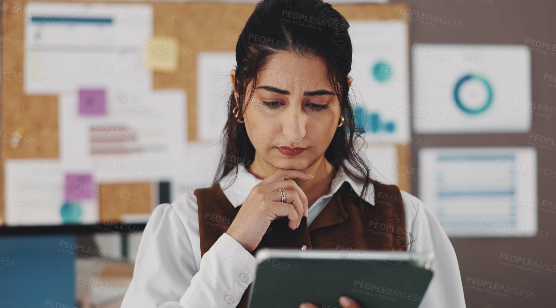 Buy stock photo Thinking, tablet and business woman in office for seo specialist, kpi tracking or research vision. Growth chart, performance reflection or online campaign with person in agency for data analysis