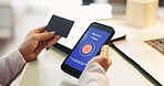 Hands, phone screen and credit card for payment issue, transaction or banking in office. Fintech, smartphone and person for online shopping, internet sales and fail notification UI for finance app