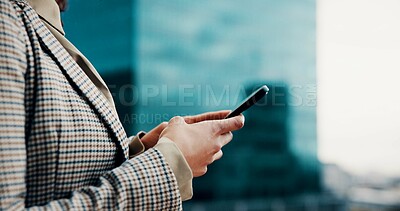 Buy stock photo Phone, hands and businesswoman in city with networking, communication or connectivity online. Technology, contact and female corporate employee with cellphone for email on mobile app in urban town.