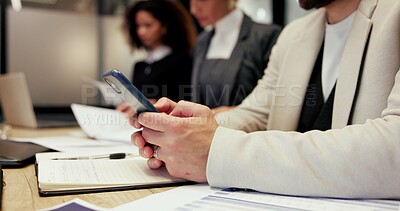 Buy stock photo Hands, team or businessman with phone in seminar for online info, finance survey or workshop agenda. Financial panel, documents or people with mobile app in meeting for live poll feedback or platform