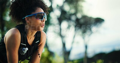 Buy stock photo Breathing, nature and woman on break with running, workout or training for marathon outdoor. Tired, fitness and female athlete with cardio exercise in forest for race practice with rest in woods.