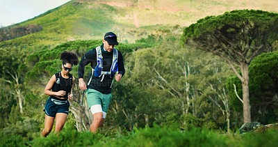 Buy stock photo Fitness, hiking and running with couple in forest together for challenge, performance or training. Exercise, space and workout with hiker people outdoor in nature for development, hobby or journey