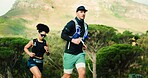 Fitness, hiking and running with people in forest together for challenge, performance or training. Exercise, space and workout with hiker couple outdoor in nature for development, hobby or journey