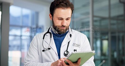 Buy stock photo Tablet, doctor and man in clinic for medical history, review report or research online. Healthcare professional, tech and person reading email for wellness update, hospital schedule or telehealth