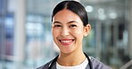 Doctor, woman and happy with portrait in clinic for medical internship, healthcare support and trust. Health intern, space and employee with smile in hospital for professional service or career pride
