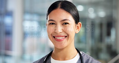 Buy stock photo Doctor, woman and happy with portrait in clinic for medical internship, healthcare support and trust. Health intern, space and employee with smile in hospital for professional service or career pride
