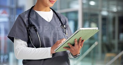 Buy stock photo Nurse, hands and tablet in hospital for healthcare report, research and insurance information. Technology, medical professional and woman with wellness email, telehealth app and check schedule