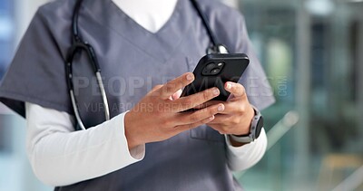 Buy stock photo Smartphone, doctor and woman in hospital, hands and digital app for online schedule. Person, medical service and professional in clinic, cellphone and research for illness, healthcare and chatting