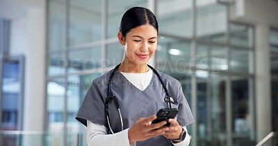 Buy stock photo Smartphone, doctor and woman in hospital, healthcare and digital app for online schedule. Person, medical service and professional in clinic, cellphone and research for illness, internet and chatting