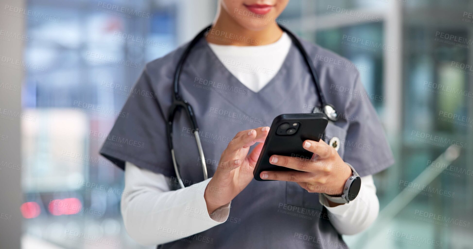 Buy stock photo Smartphone, doctor and woman in clinic, hands and digital app for online schedule. Person, medical service and professional with cellphone, internet and research for illness, email and chatting