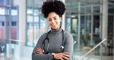 Buy stock photo Portrait, woman and surgeon with arms crossed in hospital for career pride, about us and healthcare advice. Happy, person and ambition of medical support, cardiology expert and confident for wellness