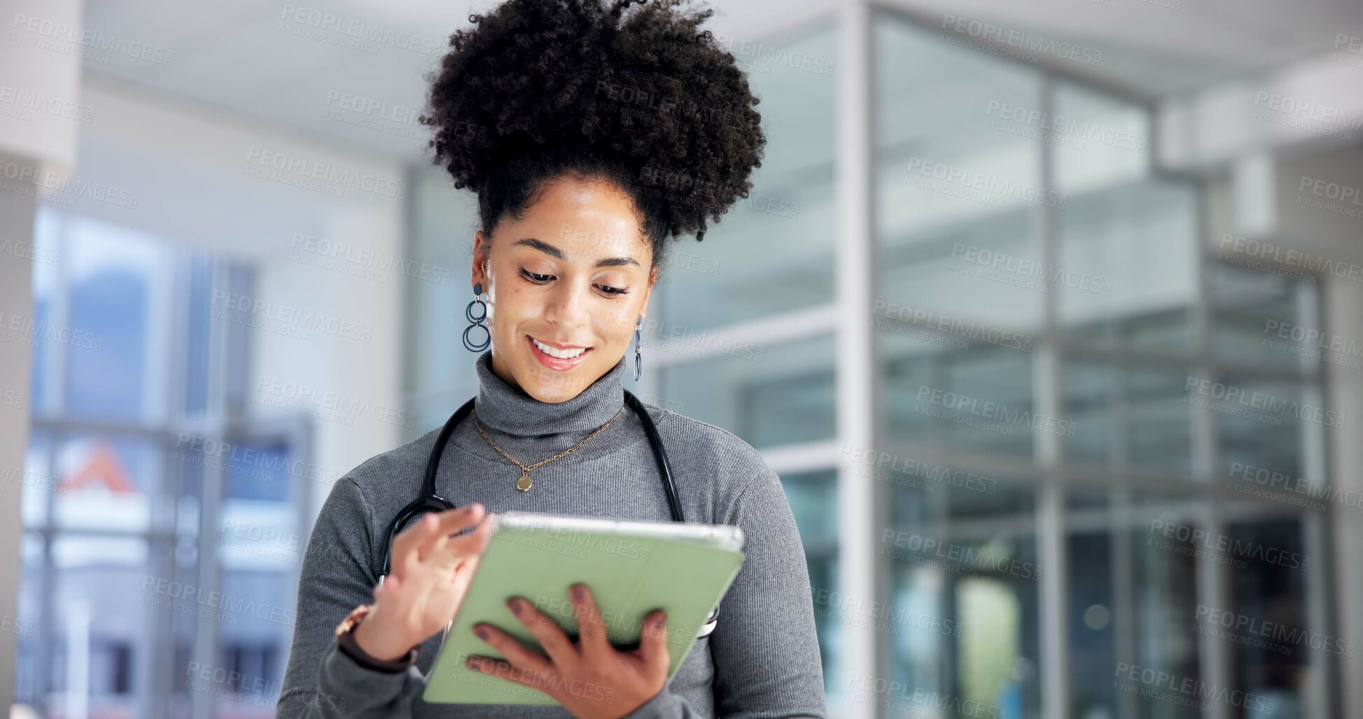Buy stock photo Doctor, woman and tablet in hospital for healthcare report, research or insurance information. Technology, medical professional and happy African person with wellness email, telehealth or schedule