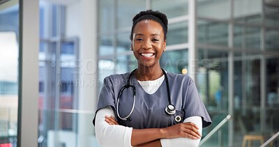 Buy stock photo Portrait, black woman and doctor with arms crossed in hospital for career pride, about us and healthcare service. Happy, person and ambition of medical support, cardiology surgeon and wellness clinic