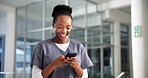 Smartphone, surgeon and black woman in hospital, healthcare and digital app for online schedule. African person, medical service or nurse in clinic, cellphone and chatting with smile or communication