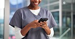 Cellphone, doctor and woman in hospital, hands and digital app for online chatting. Person, medical service and professional in clinic, smartphone and network with healthcare, connection and surgeon