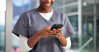 Buy stock photo Cellphone, doctor and woman in hospital, hands and digital app for online chatting. Person, medical service and professional in clinic, smartphone and network with healthcare, connection and surgeon