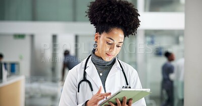 Buy stock photo Tablet, doctor and woman in clinic for medical history, review report or research. Healthcare professional, technology and person reading email for wellness update, hospital schedule or telehealth