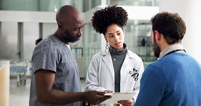 Buy stock photo Healthcare, doctors and people with document in hallway, patient care file and discussion of results. Brainstorming, treatment plan and physician consulting for medical advice, ideas and teamwork.