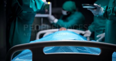Buy stock photo Medical, surgery and team with people in operating room for emergency, heart transplant procedure and support. Healthcare, accident and patient with doctors in hospital for cardiology treatment