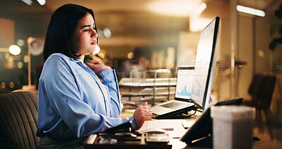 Buy stock photo Computer, reading and serious with business woman in office for trading graph, analysis and night. Investment review, overtime and stock broker chart with person for bokeh and problem solving