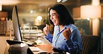 Office, winner and woman with computer, success or excited for project at night, happy and employee. Online, accountant and financial report with tech, dark and person with achievement and win on web