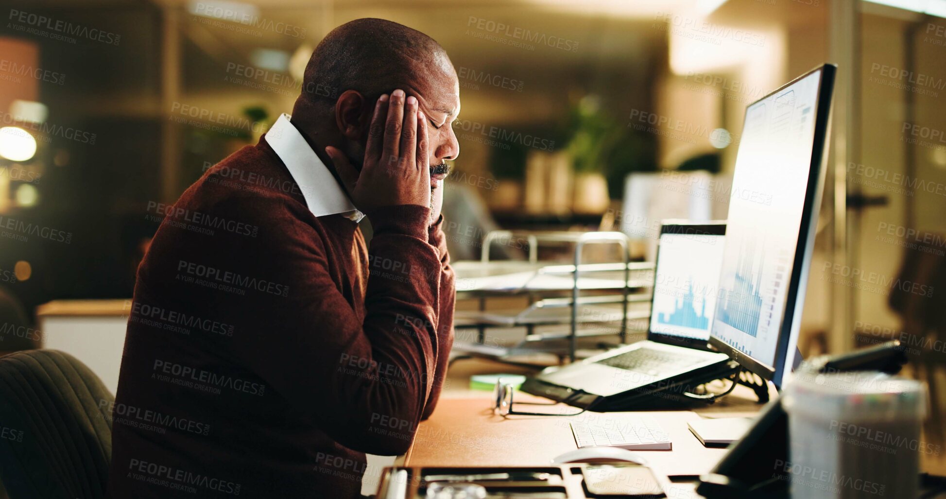 Buy stock photo Business, night and black man with headache, pain or financial agency with stress, error or burnout. Evening, mature person or pc in office, migraine or overwhelmed with stock market crash or tension