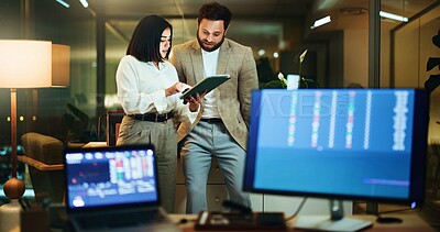 Buy stock photo Discussion, stock market and tablet with business people in office for trading, night and graph. Broker, partner and investment chart with employees for account growth, computer screen and overtime