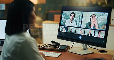 Buy stock photo Video call, computer screen and team with business woman in office for night, b2b webinar and contact. Online meeting, virtual conference and streaming seminar with person for overtime and chat