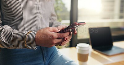 Buy stock photo Phone, hands and businesswoman in office with networking, communication or contact on mobile app. Technology, typing and female corporate employee with chatting online with cellphone in workplace.