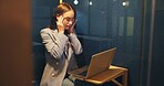 Stress, headache and businesswoman with laptop in office at night with finance report deadline. Migraine, technology and female financial manager with computer for investment proposal in workplace.