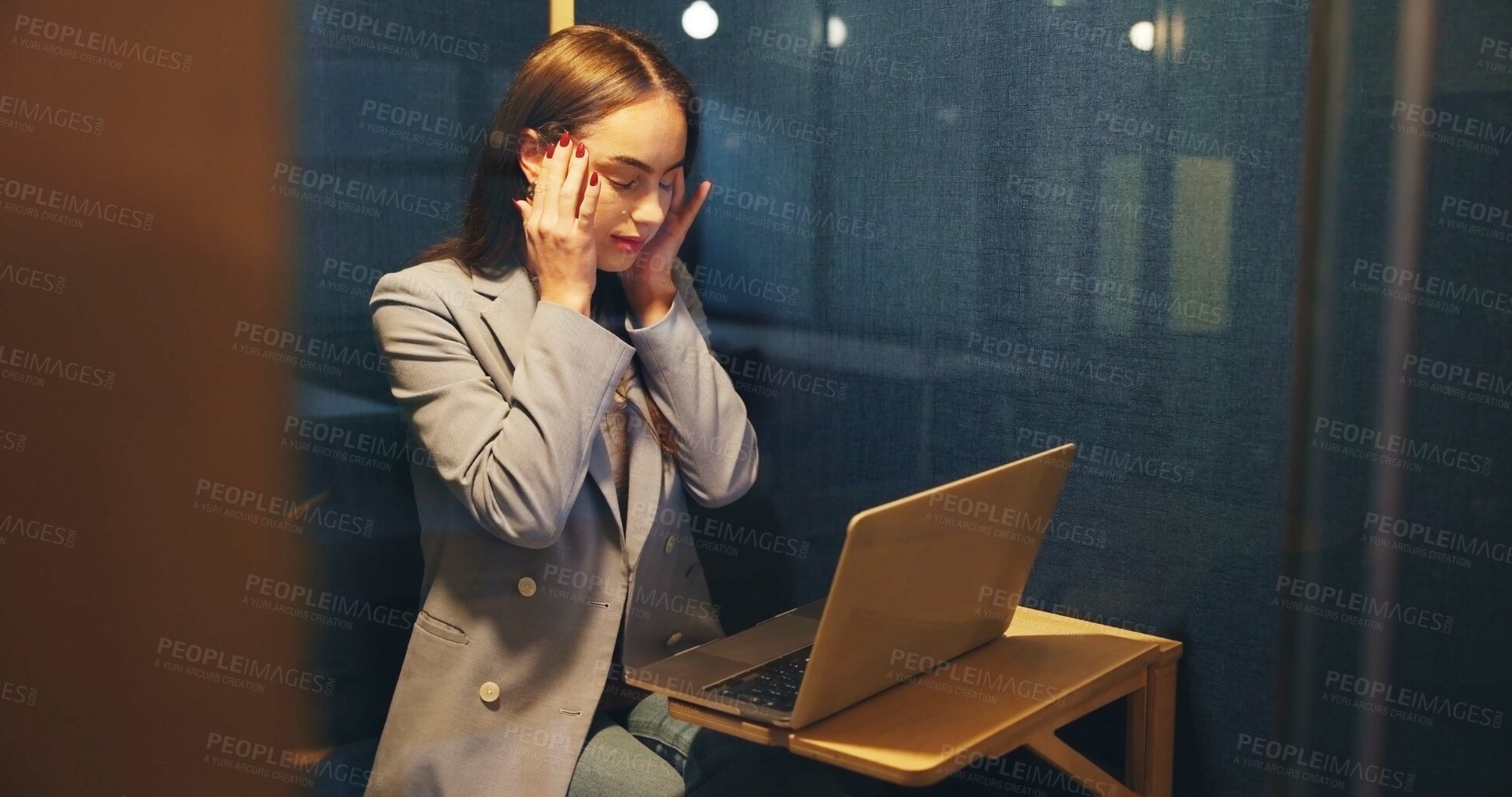 Buy stock photo Stress, headache and businesswoman with laptop in office at night with finance report deadline. Migraine, technology and female financial manager with computer for investment proposal in workplace.