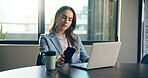 Phone, laptop and businesswoman in office with networking, communication or contact for finance. Corporate, technology and female financial advisor with cellphone for email on mobile app in workplace