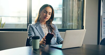 Buy stock photo Phone, laptop and businesswoman in office with networking, communication or contact for finance. Corporate, technology and female financial advisor with cellphone for email on mobile app in workplace