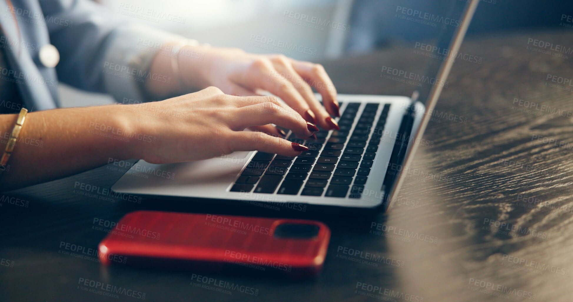 Buy stock photo Typing, hands and woman in office with laptop, case report and editing of legal document. Law, corporate and attorney in firm with phone, drafting brief and regulation review in online database.