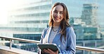 Business woman, tablet and portrait in city with expert, review or research for economic report. Outdoor, technology and female economist on balcony, digital information or survey for fiscal policy